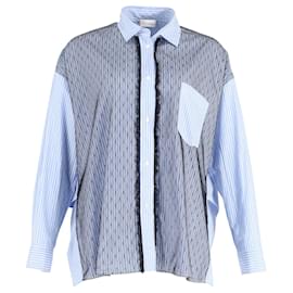 Red Valentino-RED Valentino Mesh Overlay Striped Button Down Shirt in Light Blue Cotton-Blue,Light blue