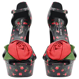 Michael Kors-Michael Kors Huxley Rose Appliqué Rosebud Platform Sandal in Black & Red Leather-Black