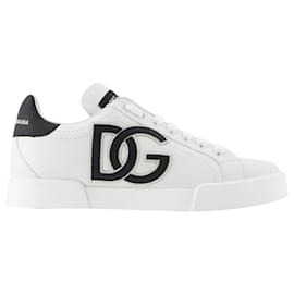 Dolce & Gabbana-Sneakers Portofino con Stampa Logo - Dolce&Gabbana - Pelle - Nero/ Bianco-Bianco