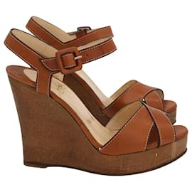Christian Louboutin-Christian Louboutin Wedge Heel Sandals in Caramel Brown Leather-Brown