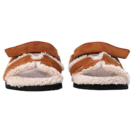Hermès-Hermes Chypre Shearling-lined Flat Sandals in Brown Suede-Brown