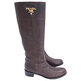 Prada-Prada Tall Flat Boots in Brown Leather-Brown