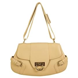Salvatore Ferragamo-Salvatore Ferragamo Cream Leather Gold Tone Gancio Classic Shoulder bag Handbag-Cream