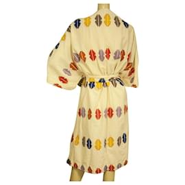 Autre Marque-Pérola e Caviar Multicolor Algodão Frente Aberta w. Cinto Cardigan Kimono Cardi M / eu-Multicor