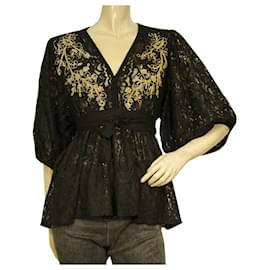 Miss June-Miss June Black Lace Gold Floral Embroidery Puff Sleeves Tunic Blouse Top-Black