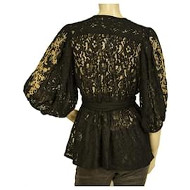 Miss June-Miss June Black Lace Gold Floral Embroidery Puff Sleeves Tunic Blouse Top-Black