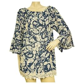 Autre Marque-Joyce & girls Silk Blue Paisley Cream Lace Tunic Kaftan Cover Up Dress size S-Light blue