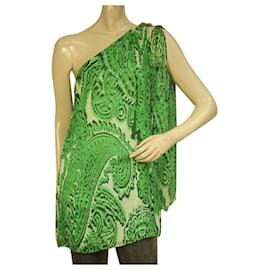 Milly-Milly 100% Silk Green Paisley Floral One Shoulder Long Blouse Top Size 4-Green