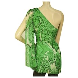 Milly-Milly 100% Blusa longa floral estampada verde de seda de um ombro só 4-Verde
