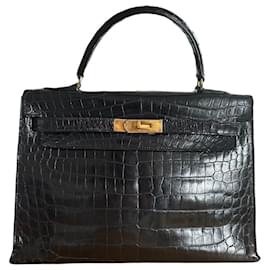 Hermès-✨ Kelly Hermès 32cm Cuir Crocodile Noir Vintage-Noir