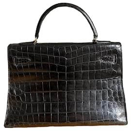 Hermès-✨ Kelly Hermes See More 32cm couro de crocodilo preto vintage-Preto