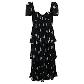Self portrait-Self Portrait Pansy-Print Tiered Woven Midi Dress In Black Polyester-Other