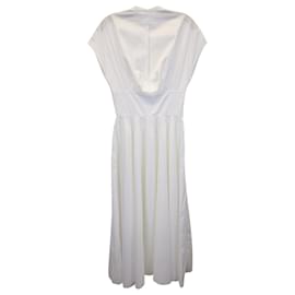Alaïa-Alaïa Bow-Waist Popeline Midi Dress in White Cotton-White