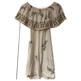 Minivestido Asos em algodão cru com bordados amarelos e verdes Tam 34 Cru