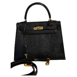 Hermès-Hermes Hermes Negro Brillante Lagarto Sellier Kelly 25-Negro