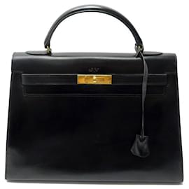 Hermès-VINTAGE HERMES KELLY HANDBAG 32 Sellier 1970 BLACK BOX LEATHER HAND BAG-Black