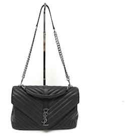 Yves Saint Laurent-SAINT LAURENT COLLEGE LARGE CHAIN BAG HANDBAG 600278 BLACK LEATHER HAND BAG-Black