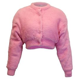 T by Alexander Wang Cropped Furry Cardigan in Pink Polyamide Pink