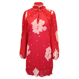 Ganni-Mini abito Ganni in poliestere rosso con volant e stampa corallo-Corallo