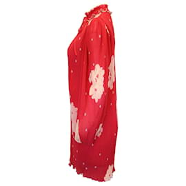 Ganni-Mini abito Ganni in poliestere rosso con volant e stampa corallo-Corallo