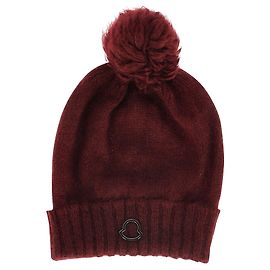 Gorro Moncler Logo Pom Pom em Borgonha Mohair Vermelho Bordeaux