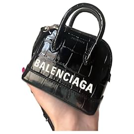Balenciaga-Authentic BALENCIAGA City mini shoulder bag Croc-effect leather Black-Black