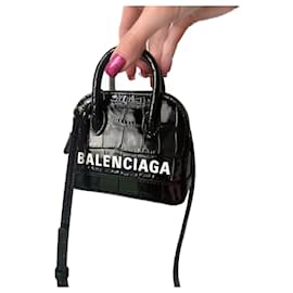 Balenciaga-Authentique BALENCIAGA Mini sac bandoulière Ville Cuir effet croco Noir-Noir