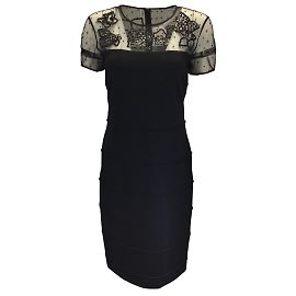 Escada Black Embellished Mesh Tulle Trimmed Short Sleeved Viscose Stretch Midi Dress Black
