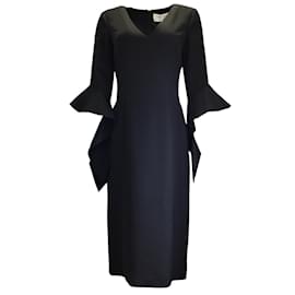 Prabal Gurung-Prabal Gurung Black Long Sleeved V-Neck Crepe Midi Dress-Black