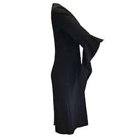 Prabal Gurung-Prabal Gurung Black Long Sleeved V-Neck Crepe Midi Dress-Black