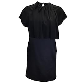 Ellery-Ellery Black Gathered Short Sleeved Crepe and Silk Satin Dress-Black