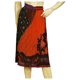 Etro-Etro Orange 100% Silk Pleated Drawstring Knee Length Midi Skirt Size 44-Multiple colors