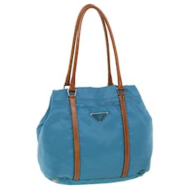 Prada-PRADA Hand Bag Nylon Light Blue Brown Auth 44988-Brown,Light blue