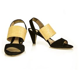 Fendi Black Suede Beige Raffia Open Toe Sandals Shoes Slingback Heels size 39 Black Beige