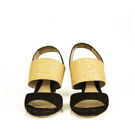 Fendi-Fendi Black Suede Beige Raffia Open Toe Sandals Shoes Slingback Heels size 39-Black,Beige