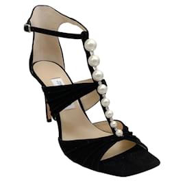 Jimmy Choo-Jimmy Choo Black Suede Aura 95 Sandals With Pearls-Black