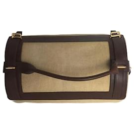 Hermès-***Hermes Toile Canvas Leather Bag-Brown,Beige,Gold hardware