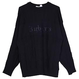 Burberry-Burberry Maglione in maglia a trecce ricamato vintage in lana blu navy-Blu,Blu navy