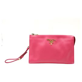 Prada-Prada Logo Plaque Clutch Bag in Pink Saffiano Leather-Pink