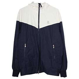 Brunello Cucinelli Giubbino Reversibile con Cappuccio in Nylon Bianco e Navy Blu Blu navy