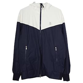 Brunello Cucinelli-Brunello Cucinelli Reversible Hooded Jacket in White and Navy Nylon-Blue,Navy blue