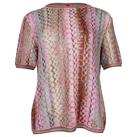 Missoni-Missoni Knitted Short Sleeve Top in Multicolor Rayon-Pink
