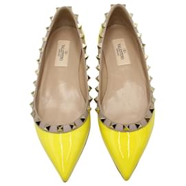 Valentino Garavani-Valentino Rockstud Pointed Flats in Yellow Patent Leather-Yellow