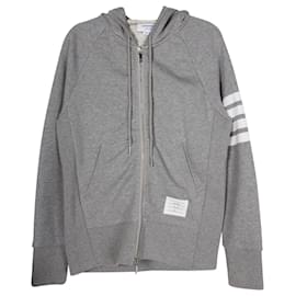 Thom Browne-Thom Browne Grey Engineered 4-Bar Zip-Up Hoodie in Grey Cotton-Grey