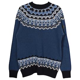 Moncler-Moncler Knit Fair Isle Sweater in Blue Wool-Blue