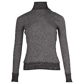 Chanel-Chanel Metallic Mock Neck Ribbed Knit Sweater in Black Wool-Black