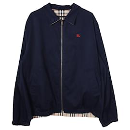 Burberry-Burberry Embroidered Emblem Front Zip Reversible Jacket in Navy Blue Polyester Cotton-Blue
