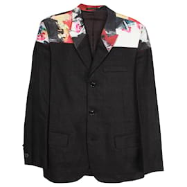 Yohji Yamamoto-Giacca blazer con pannello a contrasto con stampa vernice Yohji Yamamoto in lino nero-Nero