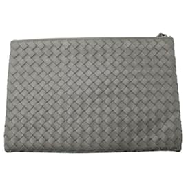 Bottega Veneta-Bottega Veneta Intrecciato Pouch in Grey Leather-Grey