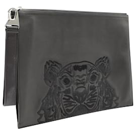 Kenzo-Kenzo Tiger Embroidered Clutch Bag in Black Leather-Black